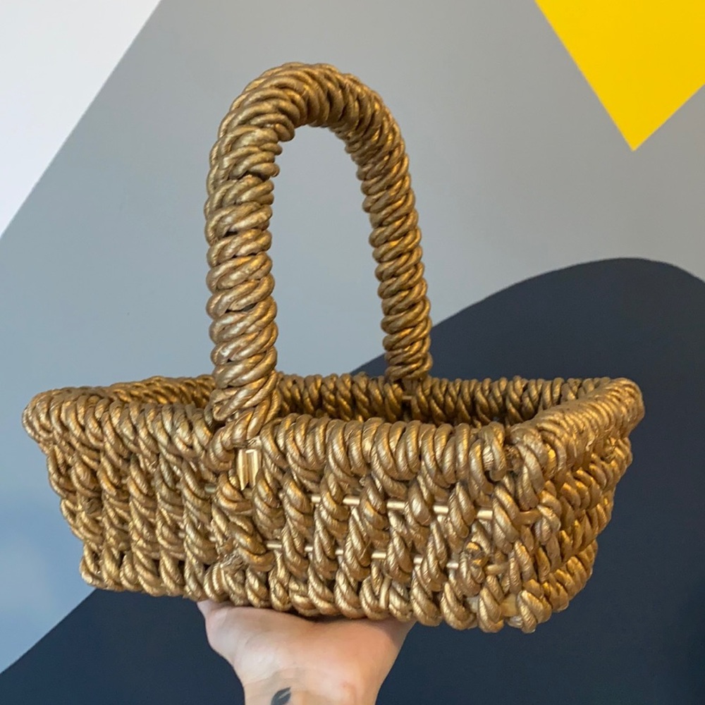 Golden brown big braided wooden basket with big handle rectangle organiz…